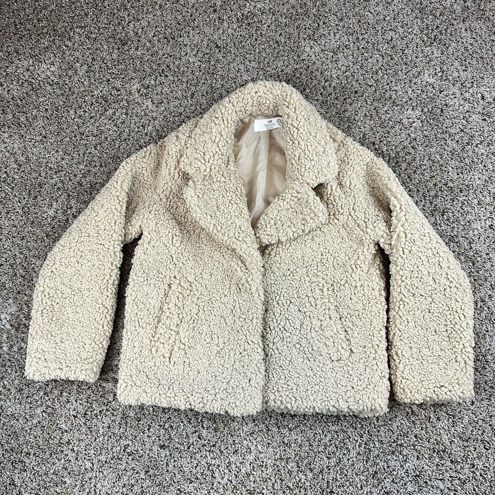 H&M Girls Sz US 12 Tan/Brown Sherpa Jacket Lined 2 Button V Neck Notched Lapels